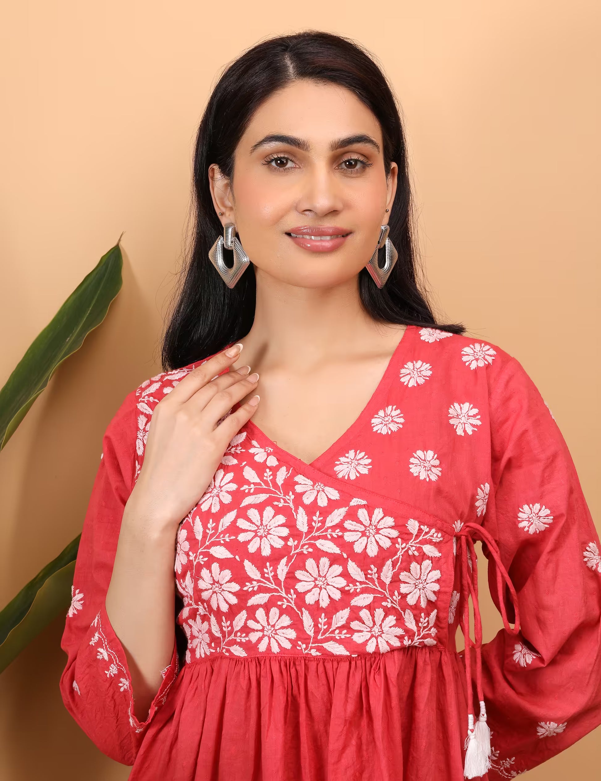 Shwet Women Red Chikankari Angarkha Top - Shwet Artistry