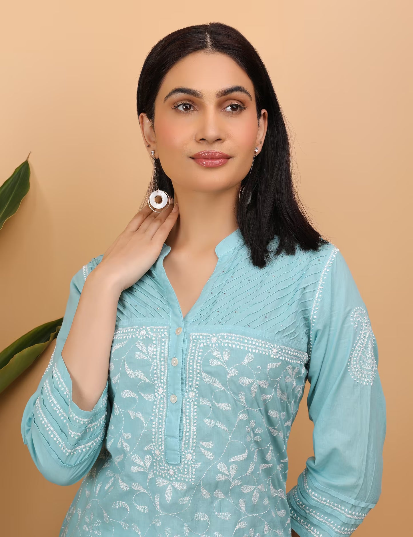Shwet Women Sea Blue Hand Embroidered Chikankari Pintex Kurta