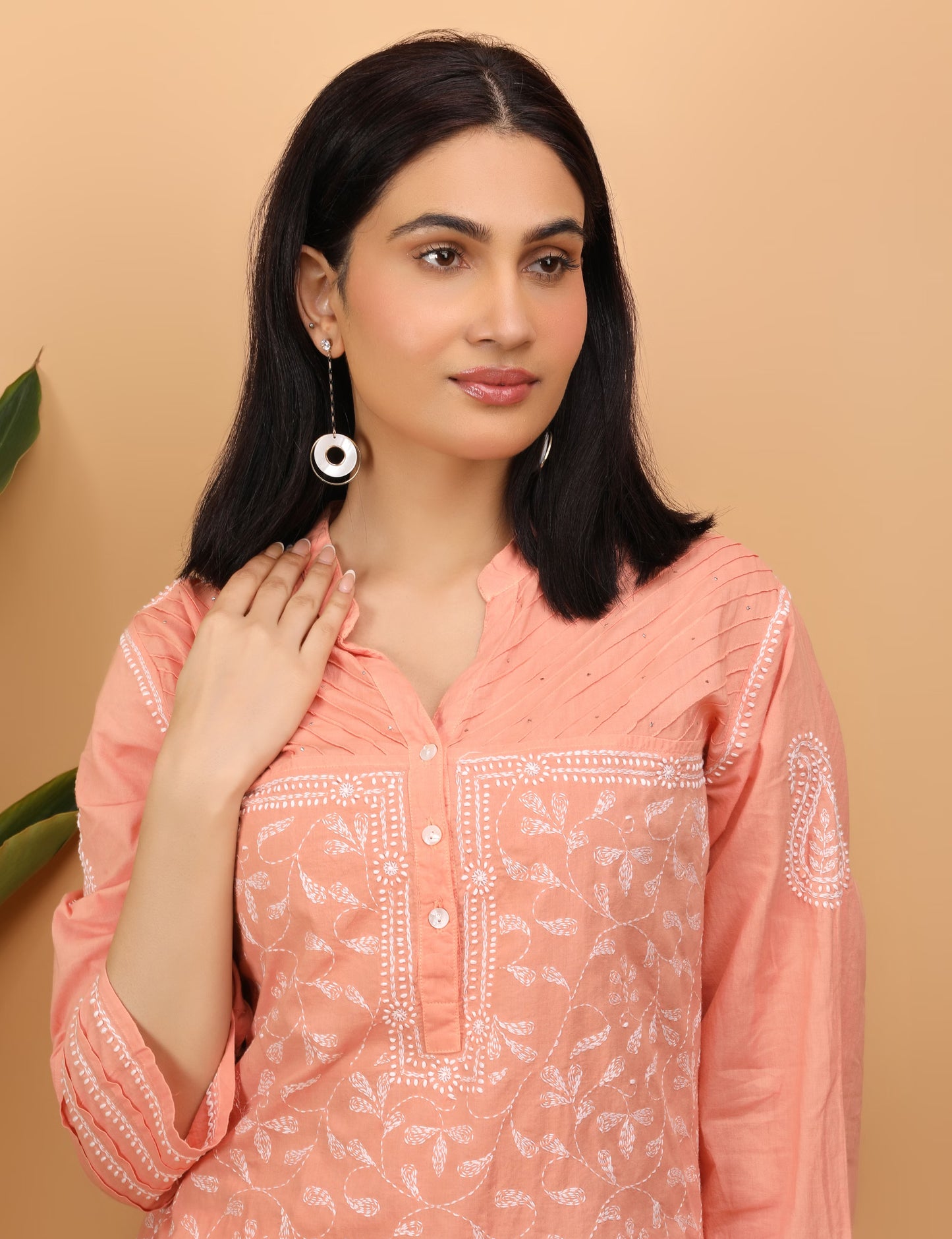 Shwet Women Hand Embroidered Chikankari Peach Pintex Kurti