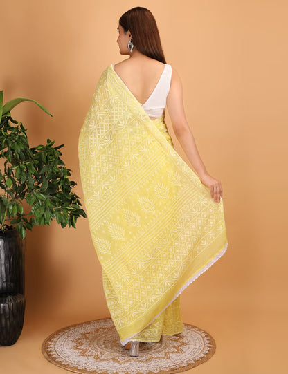 Women Yellow Hand Embroidered  Kota Cotton Chikankari Saree - Shwet Artistry
