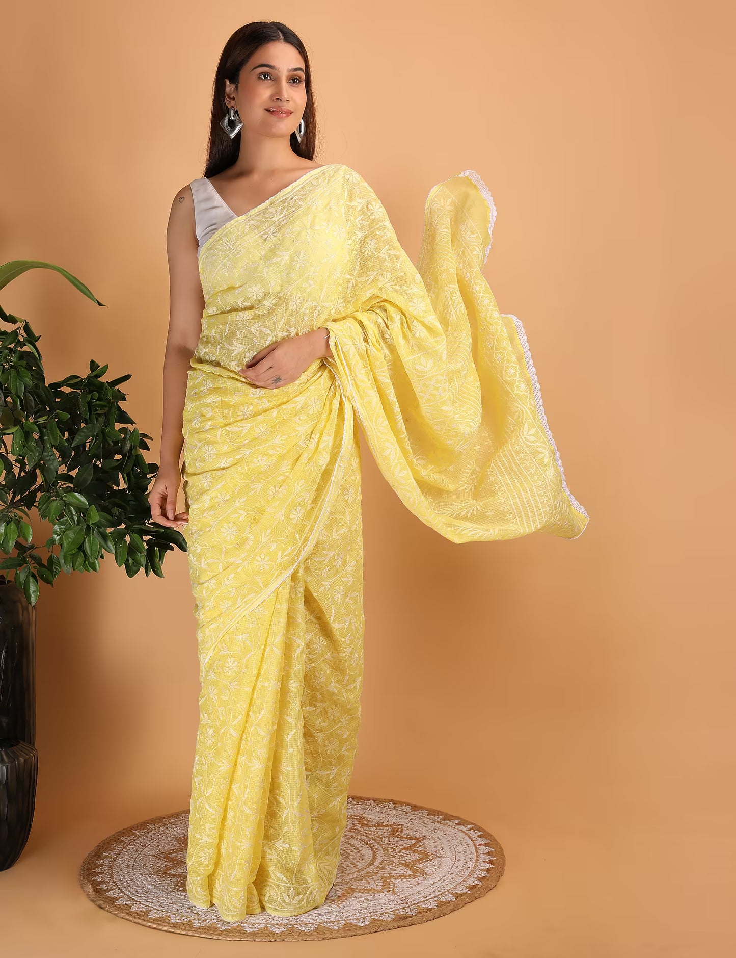 Women Yellow Hand Embroidered  Kota Cotton Chikankari Saree - Shwet Artistry