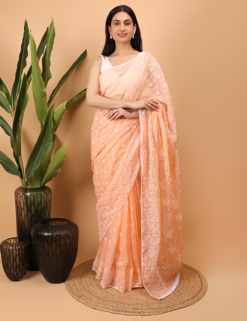 Women Peach Hand Embroidered Kota Cotton Chikankari Saree - Shwet Artistry