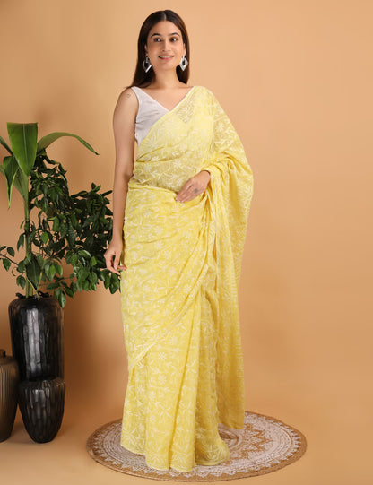 Women Yellow Hand Embroidered  Kota Cotton Chikankari Saree - Shwet Artistry
