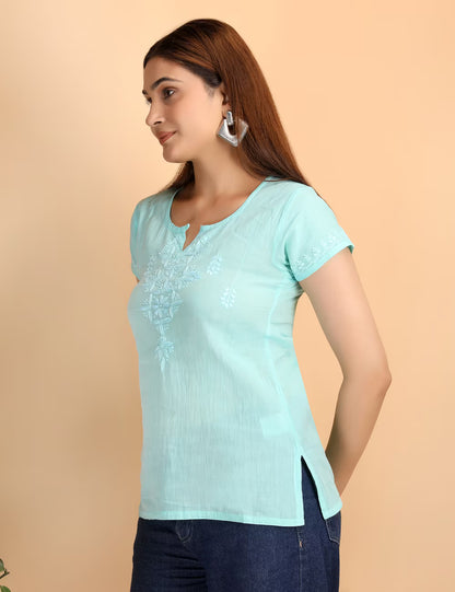 Shwet Women Sea Green Chikankari Cotton Short Top - Shwet Artistry