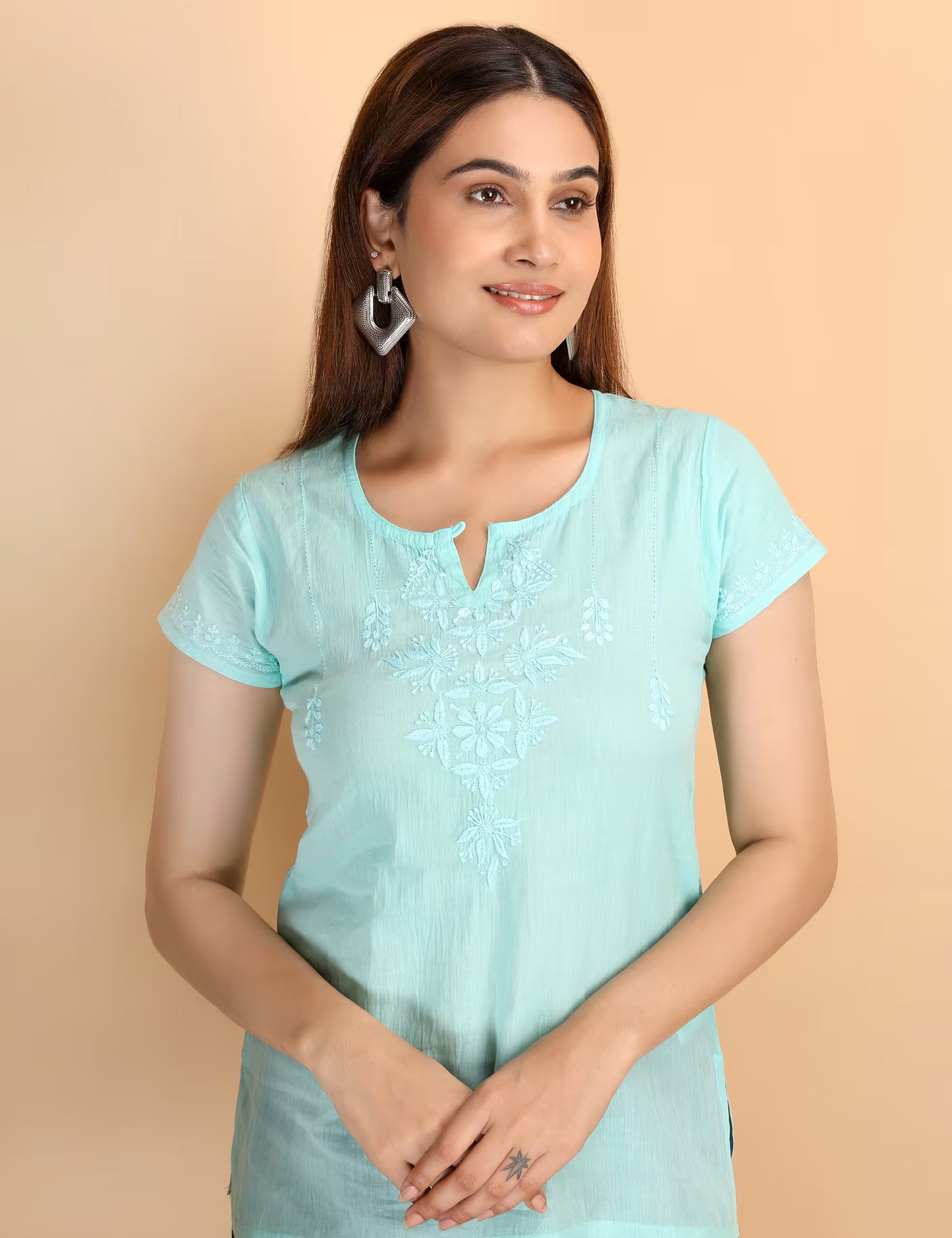 Shwet Women Sea Green Chikankari Cotton Short Top - Shwet Artistry