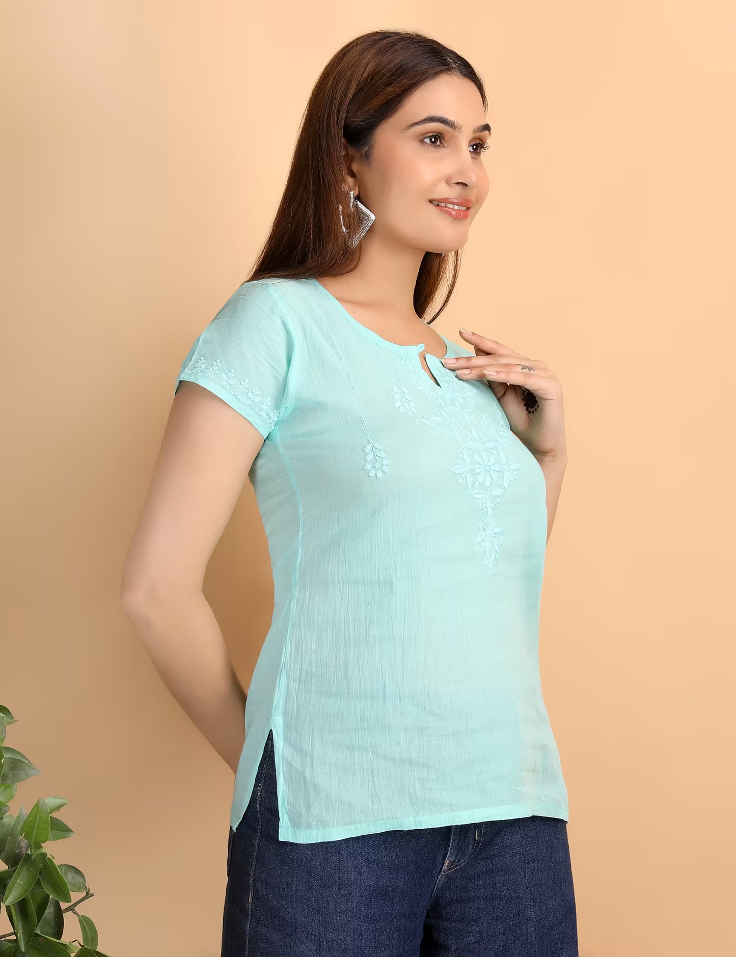 Shwet Women Sea Green Chikankari Cotton Short Top - Shwet Artistry