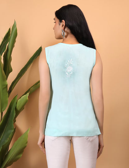 Shwet Women Sea Blue Chikankari Sleevless Yoke Top - Shwet Artistry