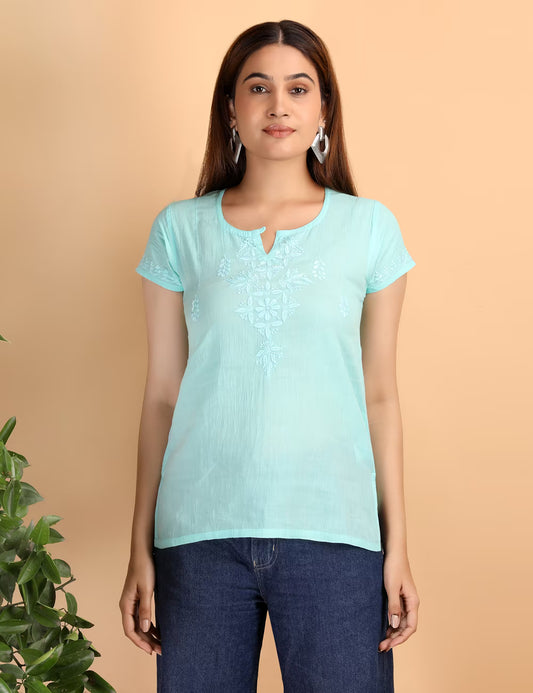 Shwet Women Sea Green Chikankari Cotton Short Top - Shwet Artistry
