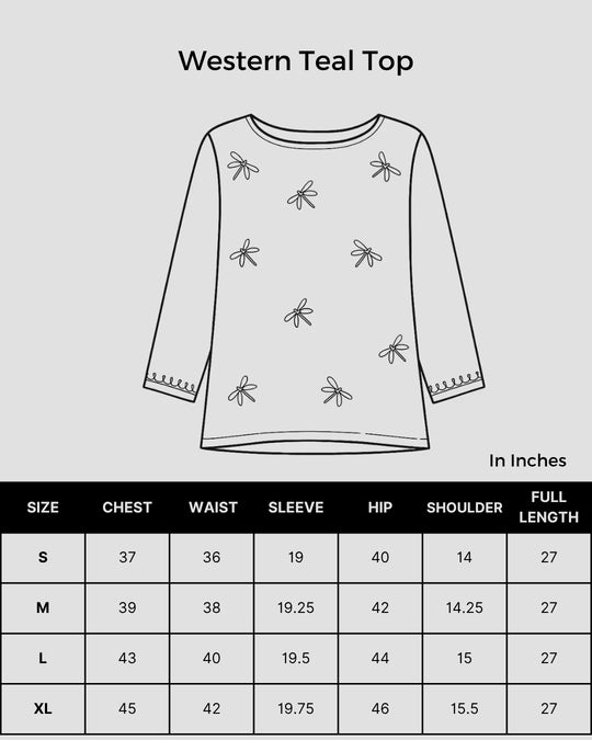 Size chart Shwet Women Hand Embroidered "Pastel Poise" Teal short top