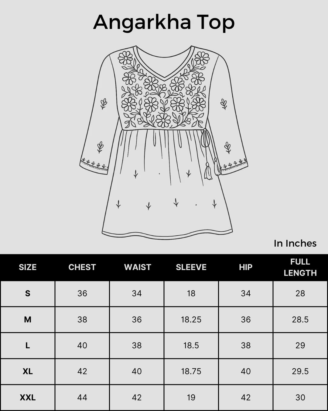 Size chart for Shwet white women chikankari angarkha top enlarged