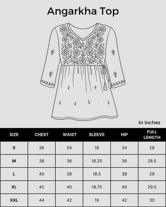 Size chart for Shwet white women chikankari angarkha top