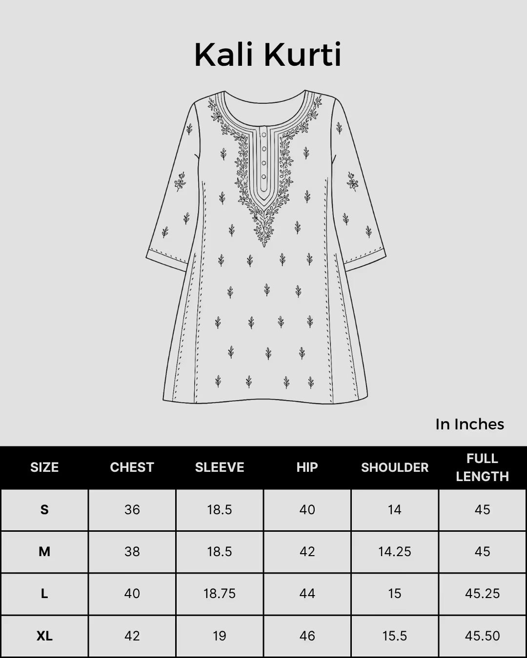 Size chart for Shwet Women White Hand Embroidered Chikankari Jaipuri Kurti enlarged