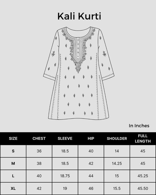 Size chart for Shwet Women White Hand Embroidered Chikankari Jaipuri Kurti