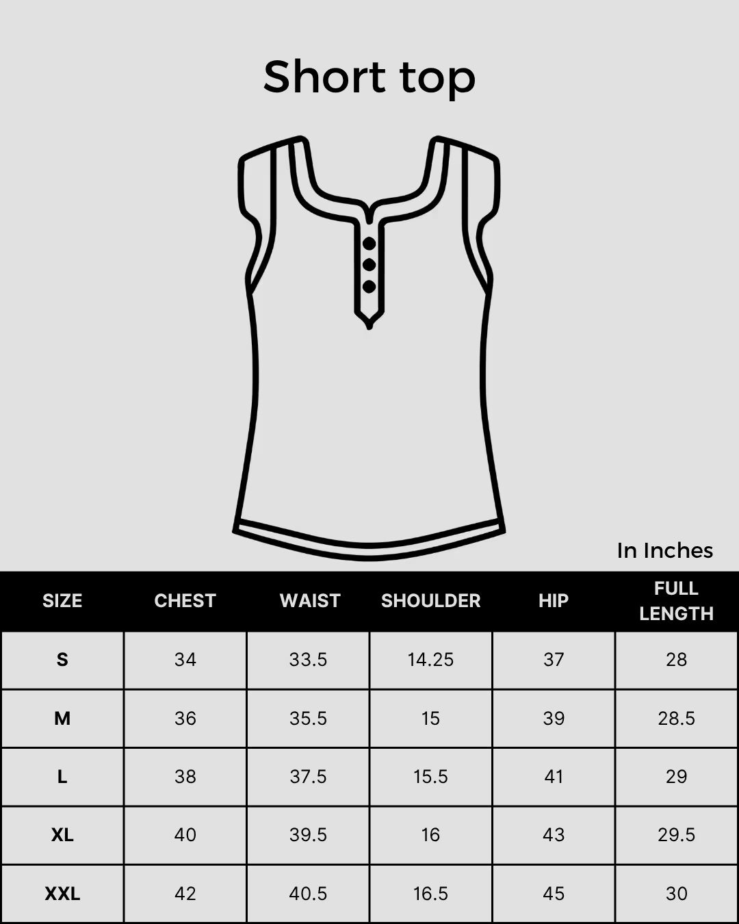 Size chart for Shwet Women Sea Green Chikankari Cotton Short Top enlarged
