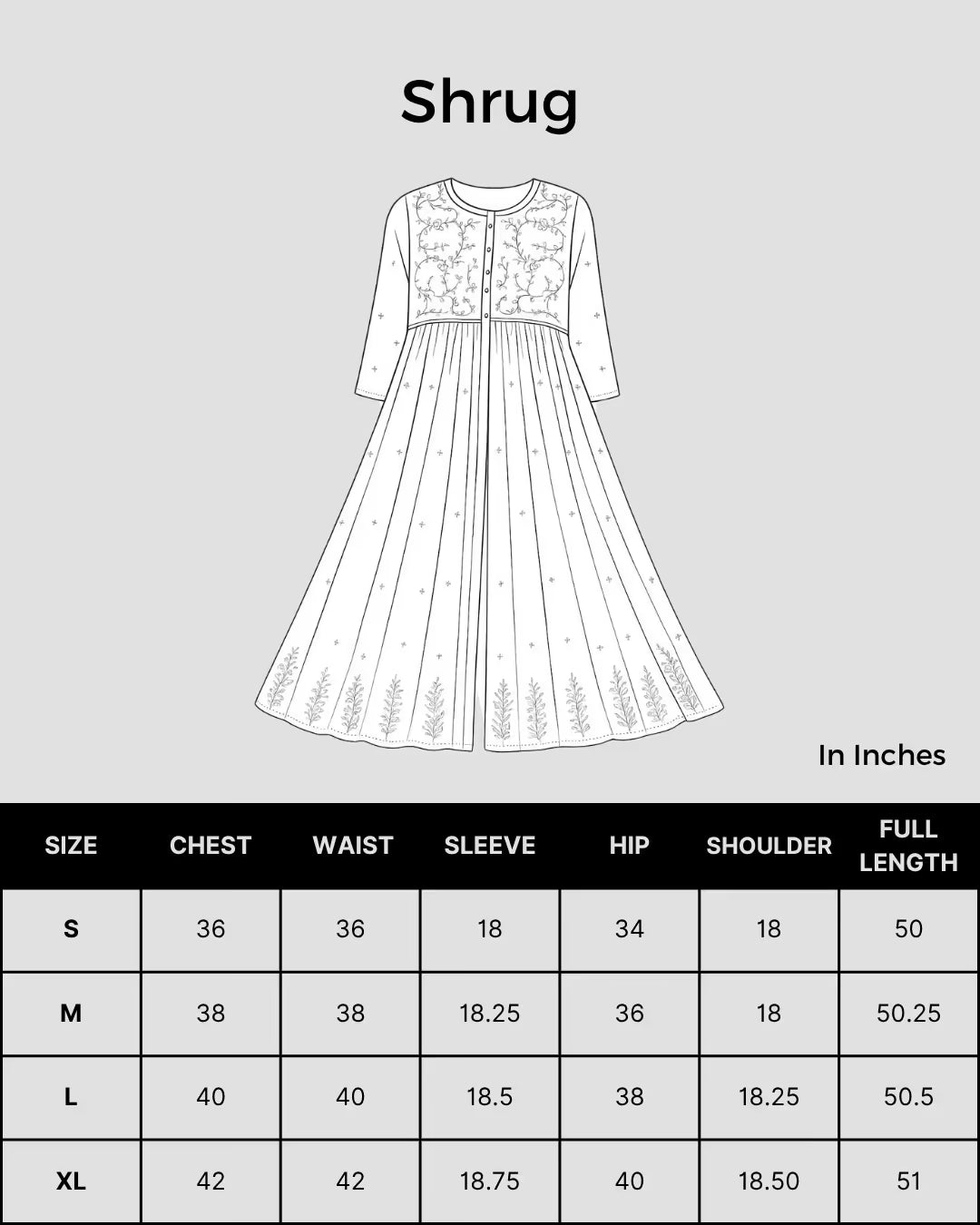 Size chart for Shwet Women Hand Embroidered Chikankari White Shrug enlarged