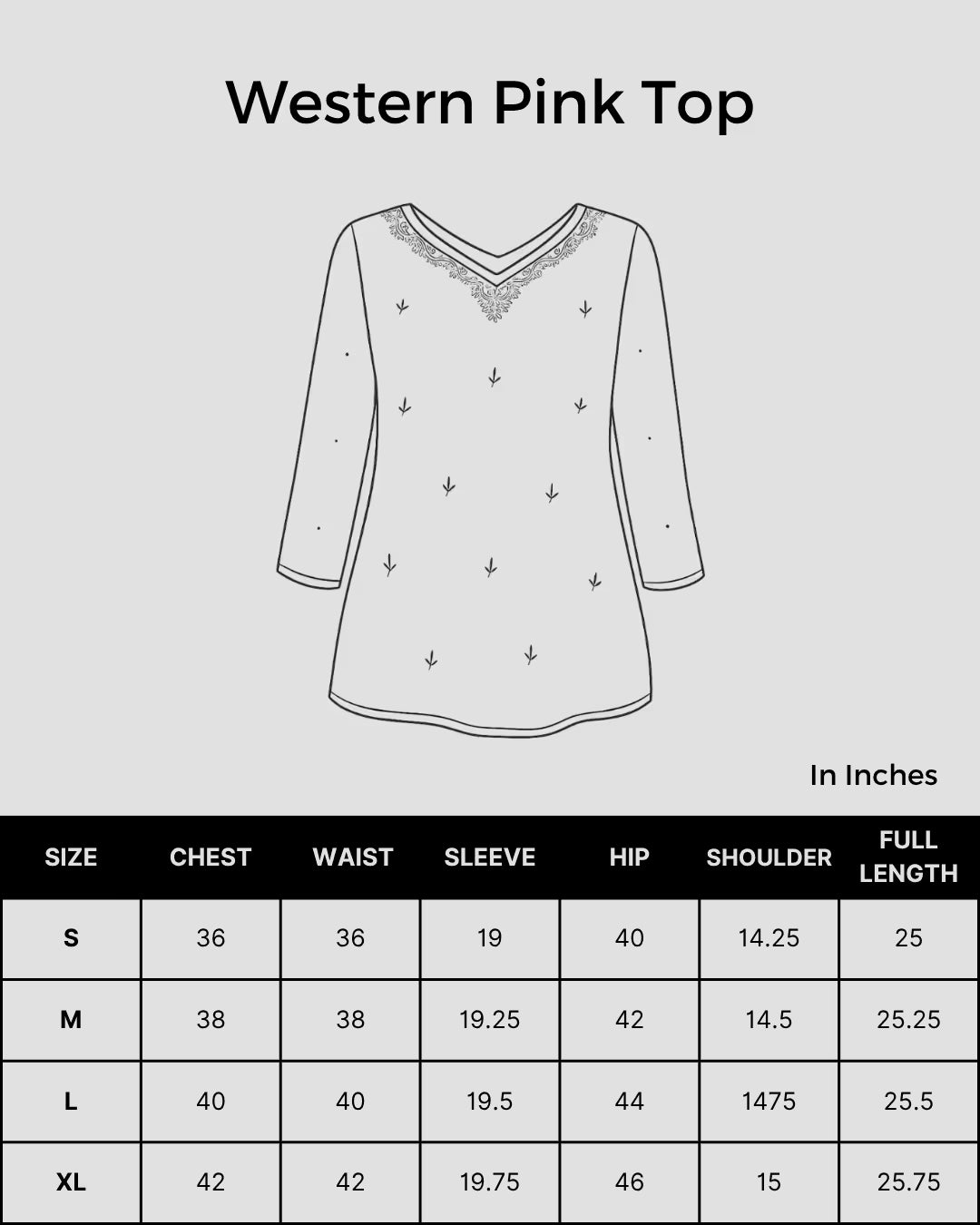 Size chart for Women Hand Embroidered 