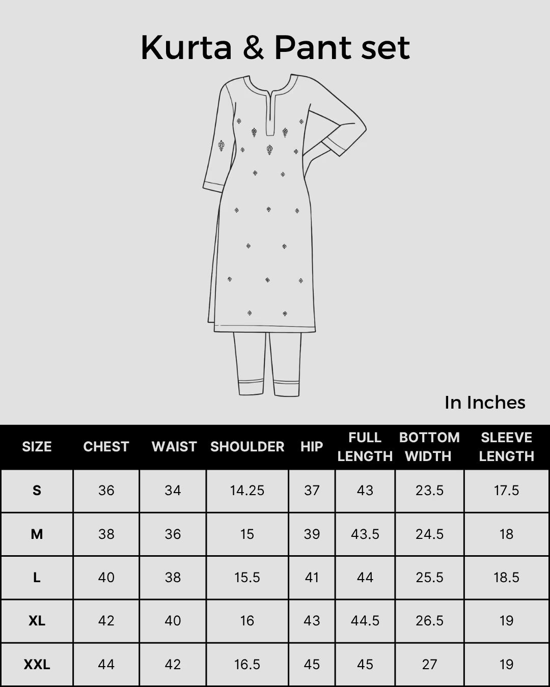 Size chart for Shwet Women Hand Embroidered Black Kurta Pant set enlarged