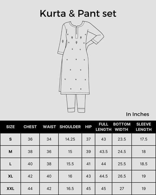 Size chart for Women Hand Embroidered Chikankari Yellow Kurta Pant set