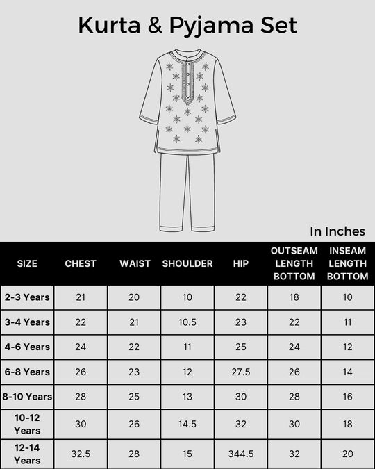 Size chart for Shwet Chikankari Yellow Cotton Kurta Payjama - Hand Embroidery Ethnic Wear for Slow Fashion