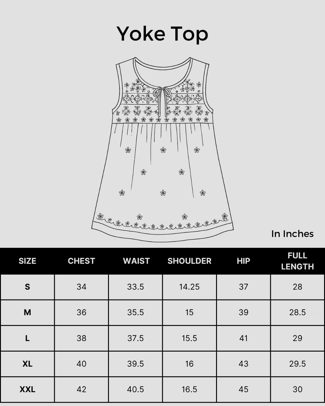 Size chart for Shwet Women Sea Blue Chikankari Sleevless Yoke Top enlarged