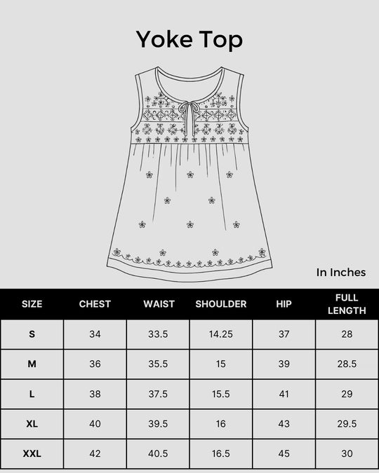 Size chart for Shwet Women Sea Blue Chikankari Sleevless Yoke Top