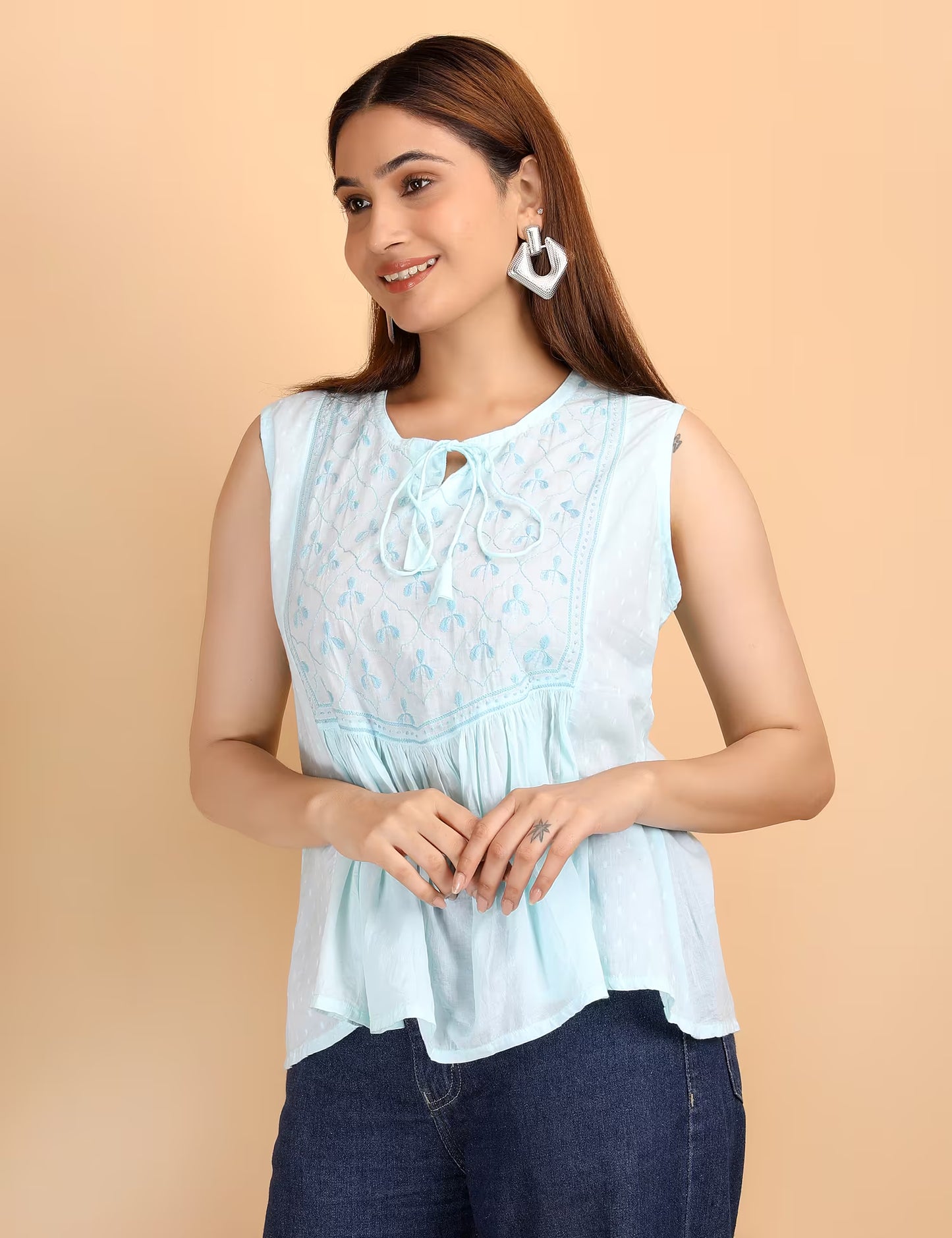 Shwet Women Sky Blue Chikankari Sleevless Yoke Top - Shwet Artistry