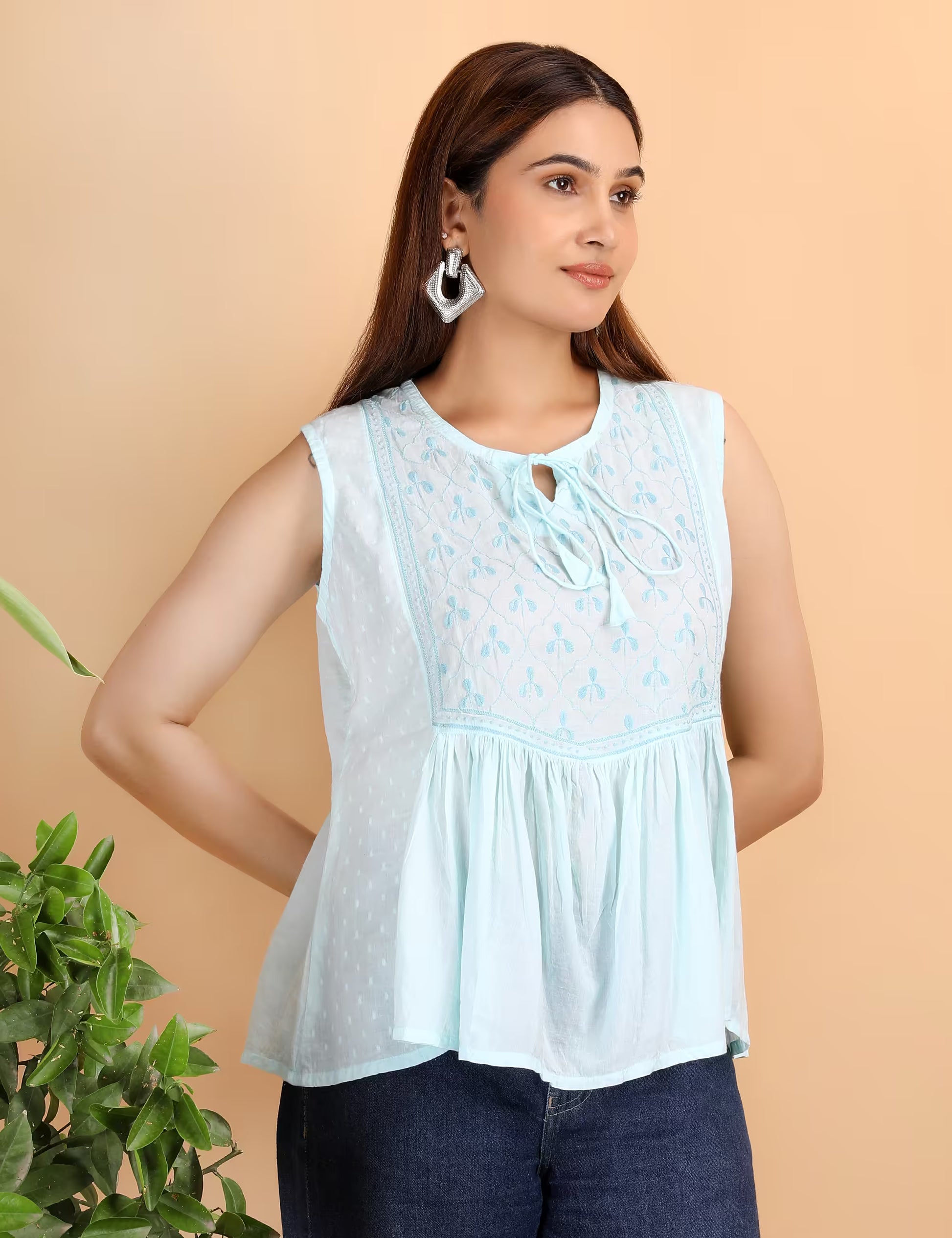 Shwet Women Sky Blue Chikankari Sleevless Yoke Top - Shwet Artistry