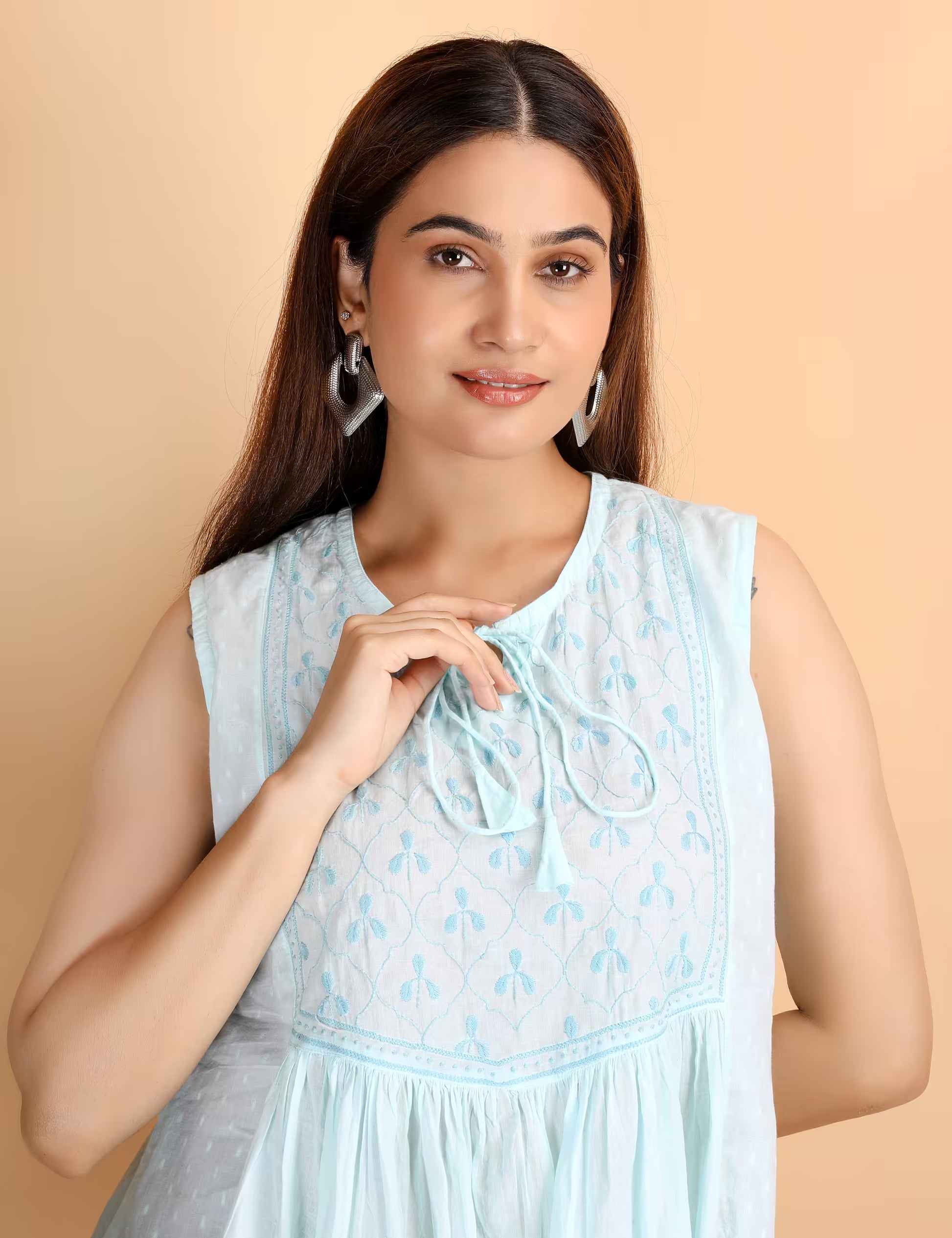 Shwet Women Sky Blue Chikankari Sleevless Yoke Top - Shwet Artistry