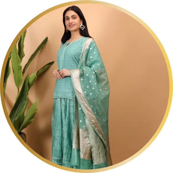Blue Hand Embroidered Lucknow Chikankari Organza Lehenga set| SHWET