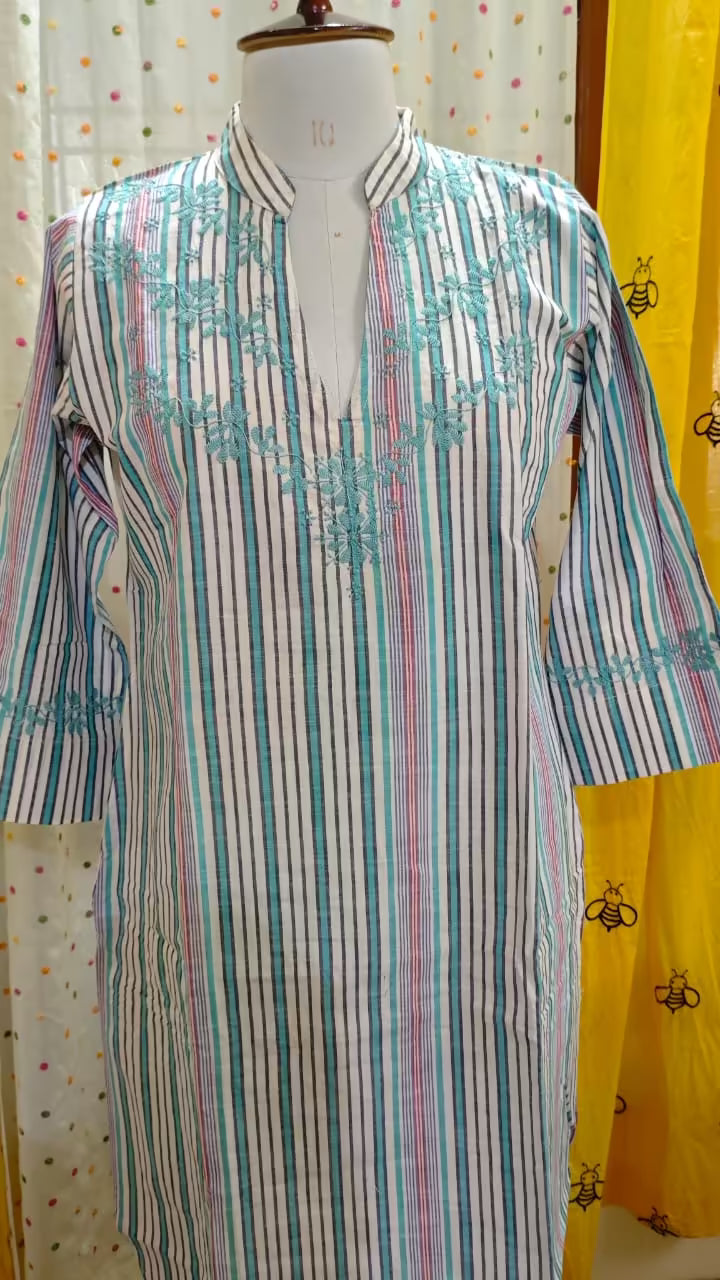Striped  Chikankari Kurta on a mannequin with a colorful background