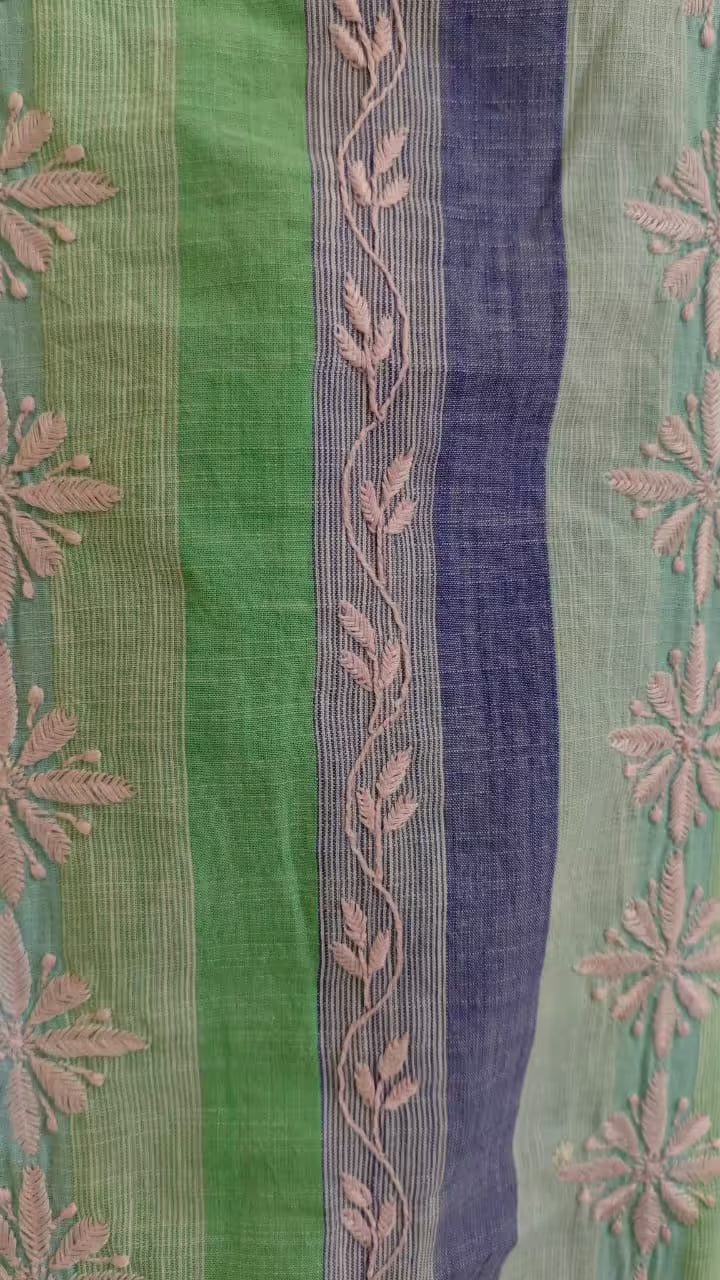 Textile with green and blue stripes and Chikankari patterns