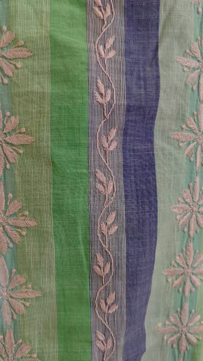 Textile with green and blue stripes and Chikankari patterns