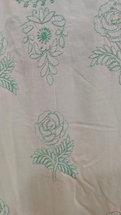  Hand Embroidered green floral patterns on beige fabric