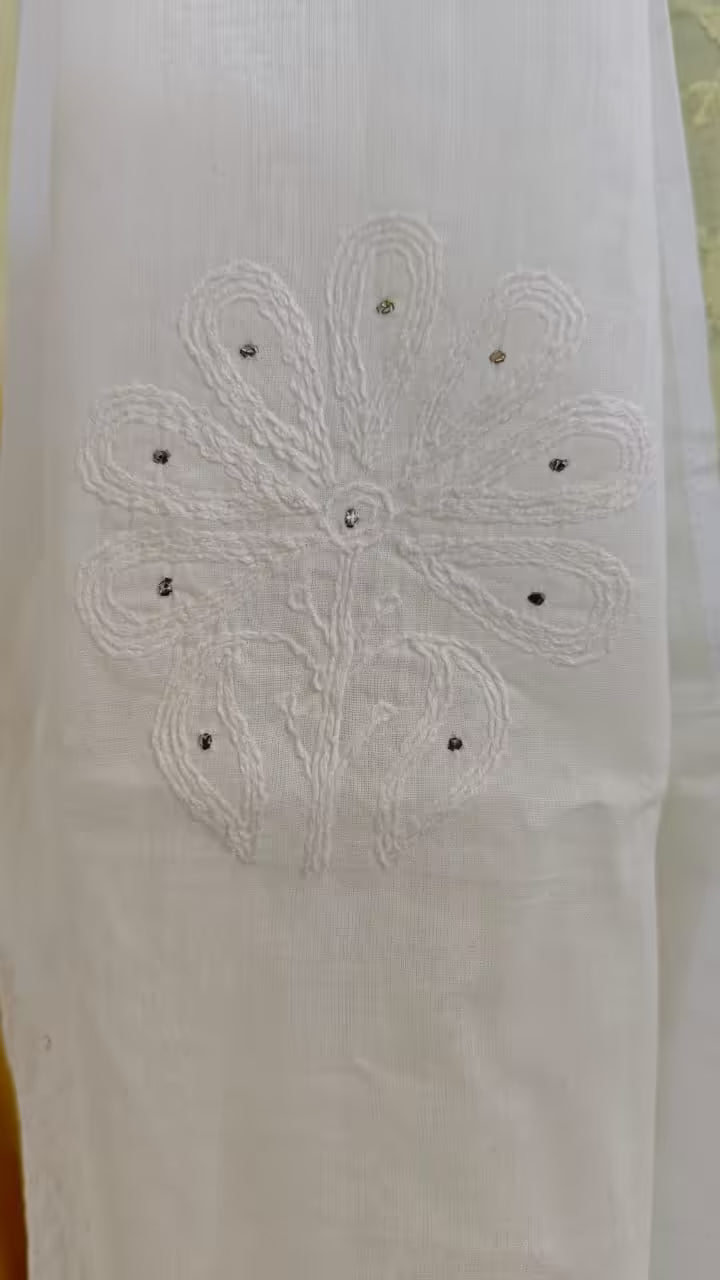 White fabric with intricate Chikankari embroidery on a plain background