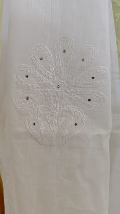 White fabric with intricate Chikankari embroidery on a plain background