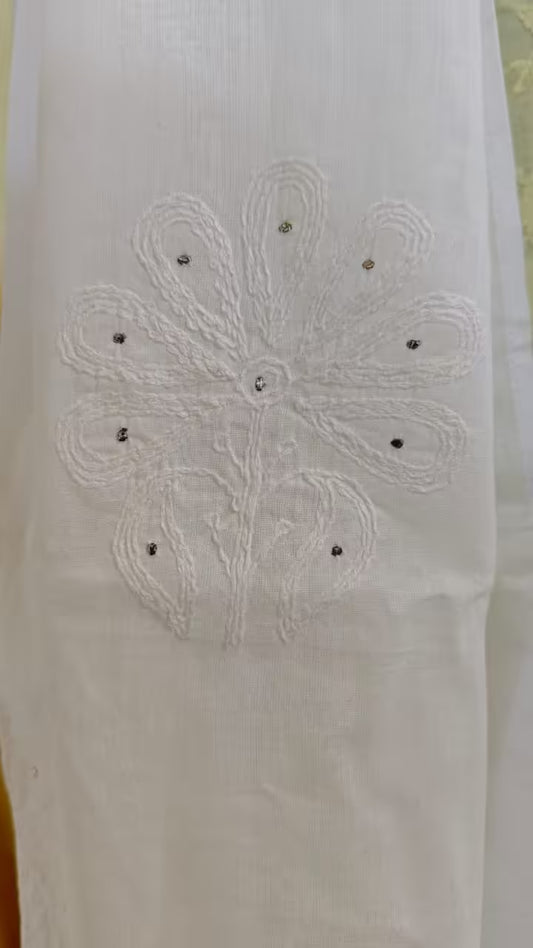 White fabric with intricate Chikankari embroidery on a plain background
