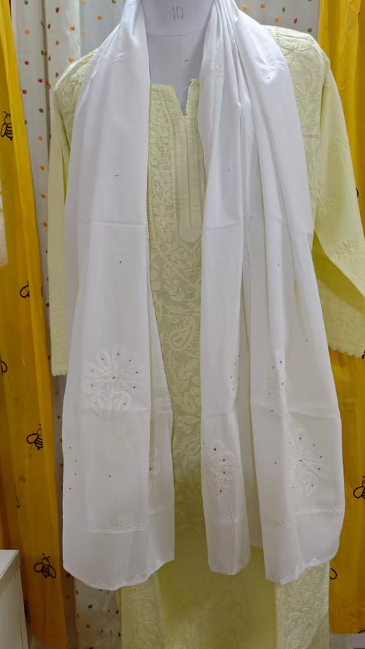 White Hand embroidered Chikankari scarf draped over a light green kurta with a yellow background