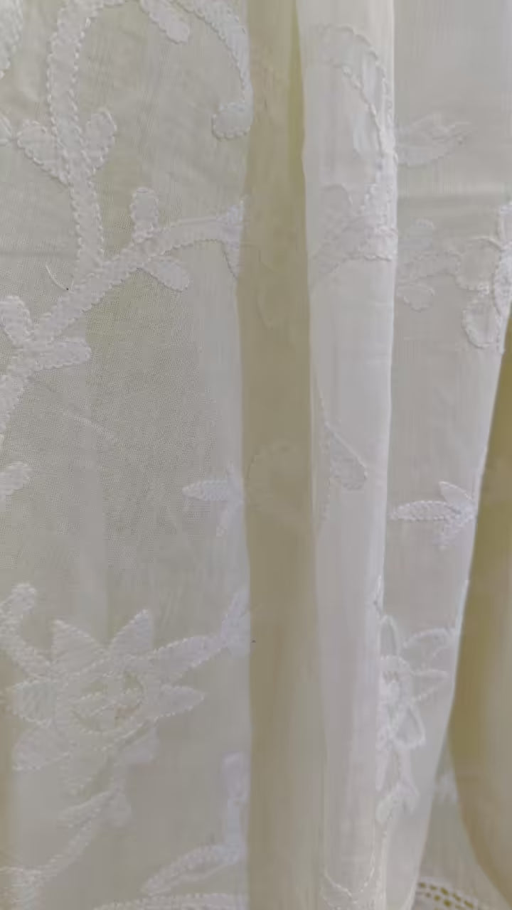 Close-up of a textured white fabric with  Chikankari patterns