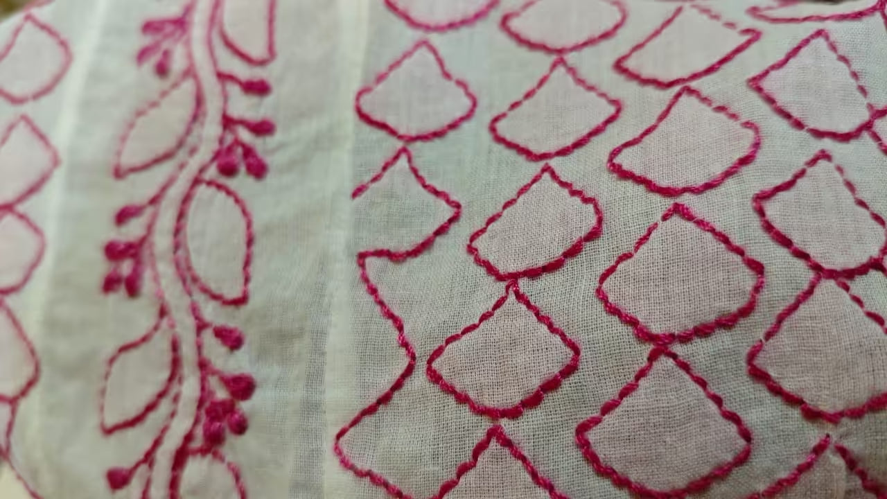 Close-up of fabric with red  Chikankari embroidery on a white background