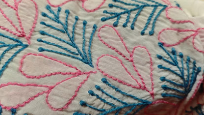 Close-up of embroidered  Chikankari fabric with pink and blue floral patterns on a white background