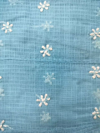 Blue fabric with white Phnada Chikankari patterns