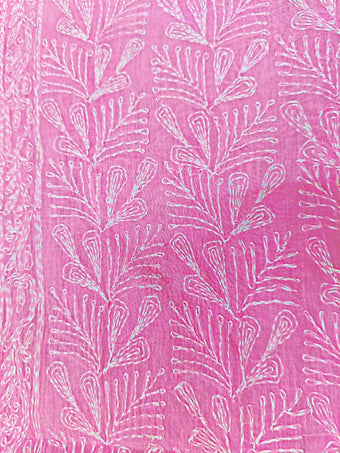 White Tepchi chikankari pattern on a pink background