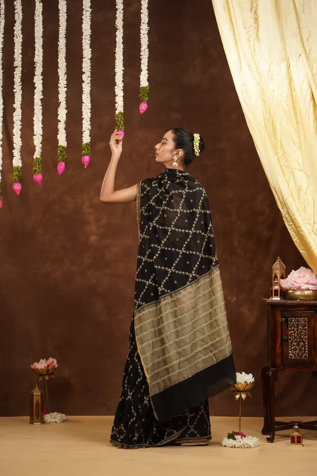 Shwet Women Hand Embroidered Black Chanderi Saree