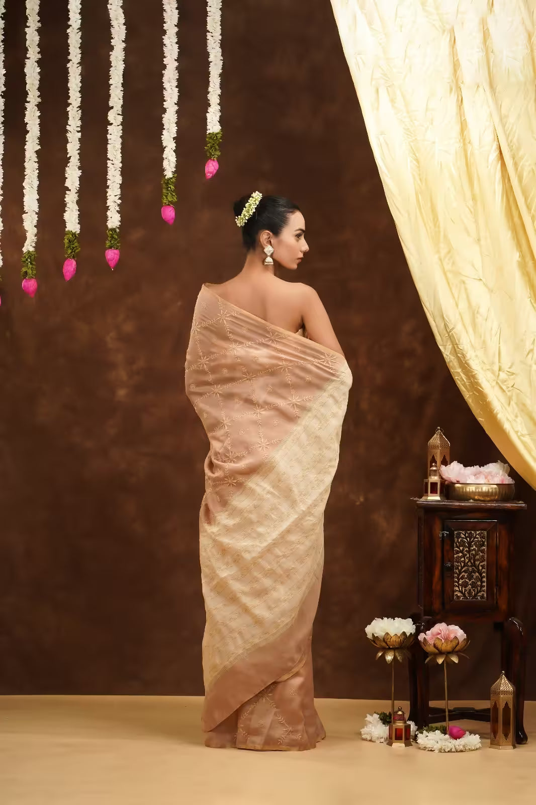 Shwet Women Hand Embroidered Beige Chikankari Saree