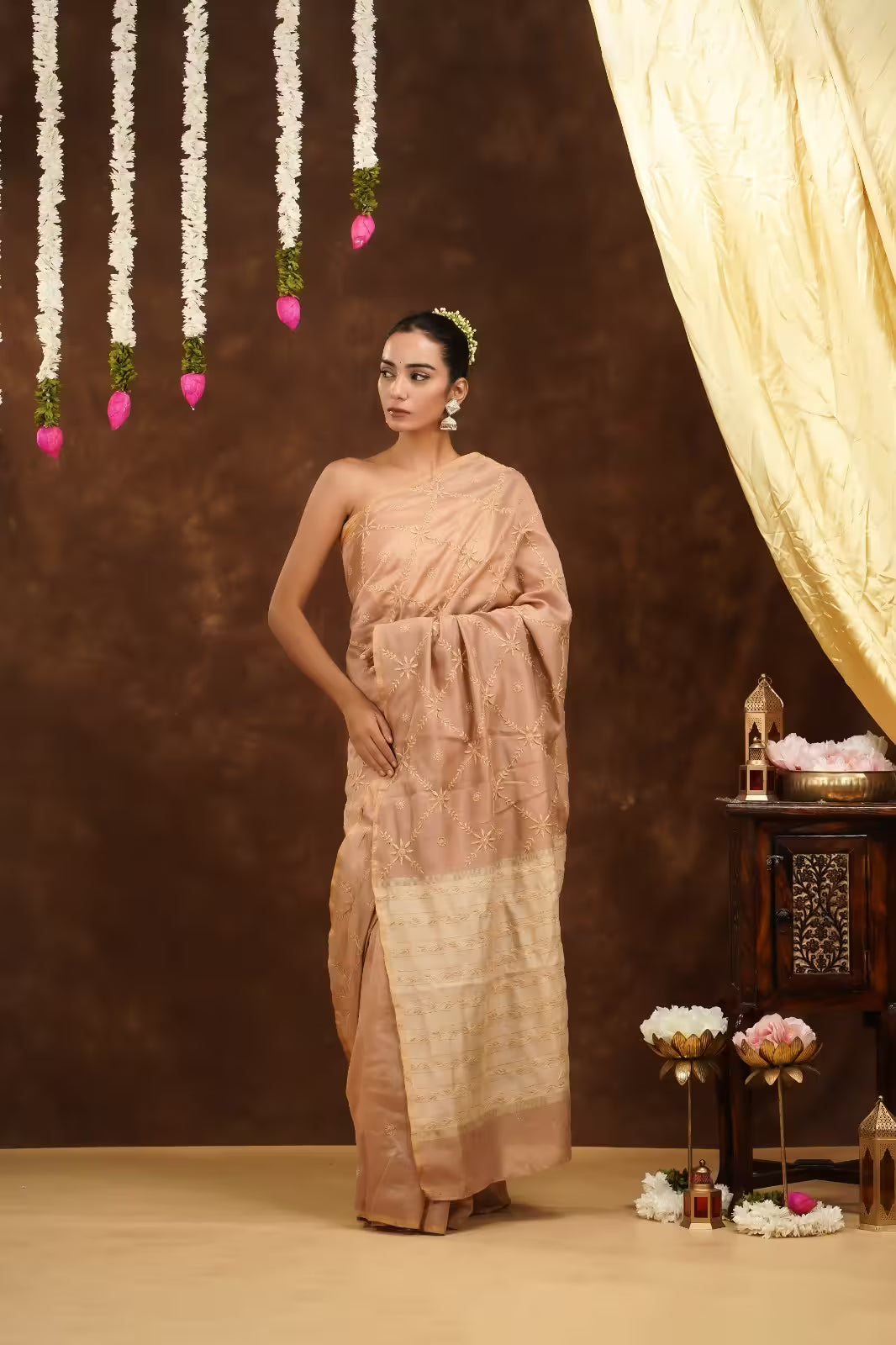 Shwet Women Hand Embroidered Beige Chikankari Saree