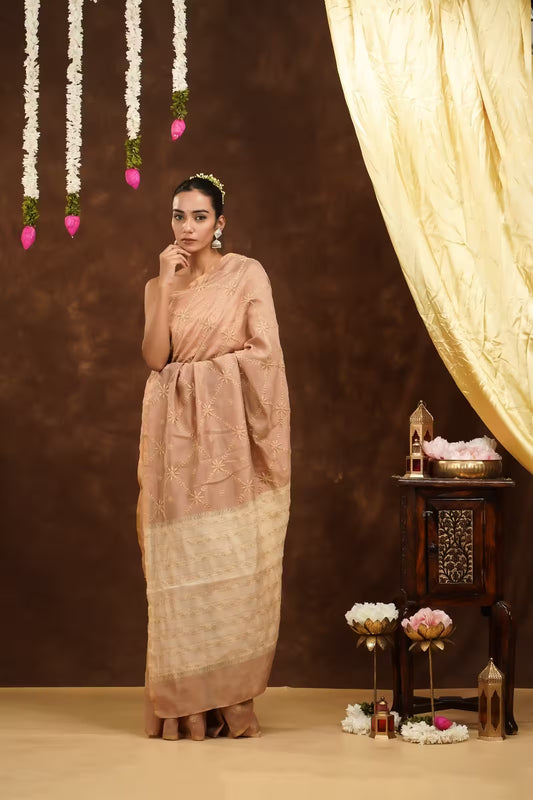 Shwet Women Hand Embroidered Beige Chikankari Saree