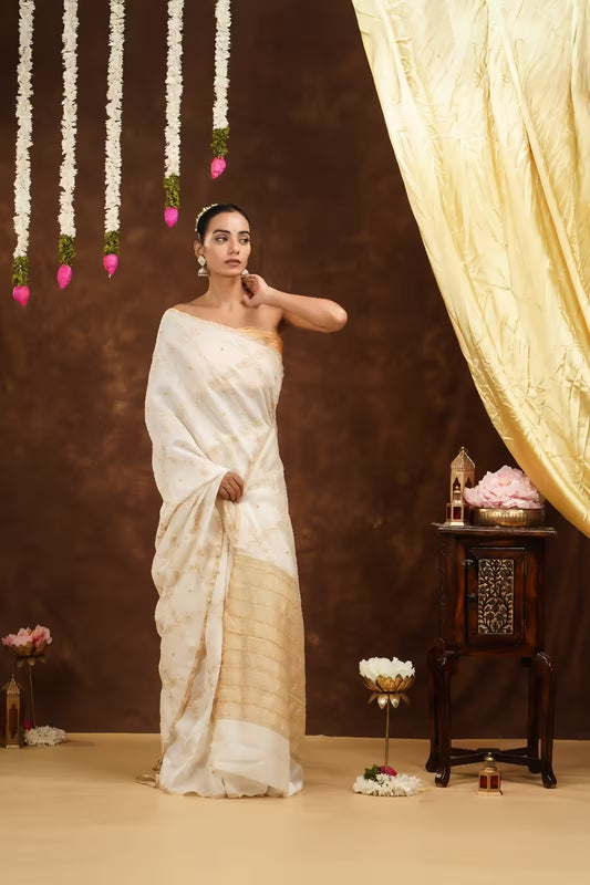 Shwet Women Hand Embroidered Chikankari Off-White Saree