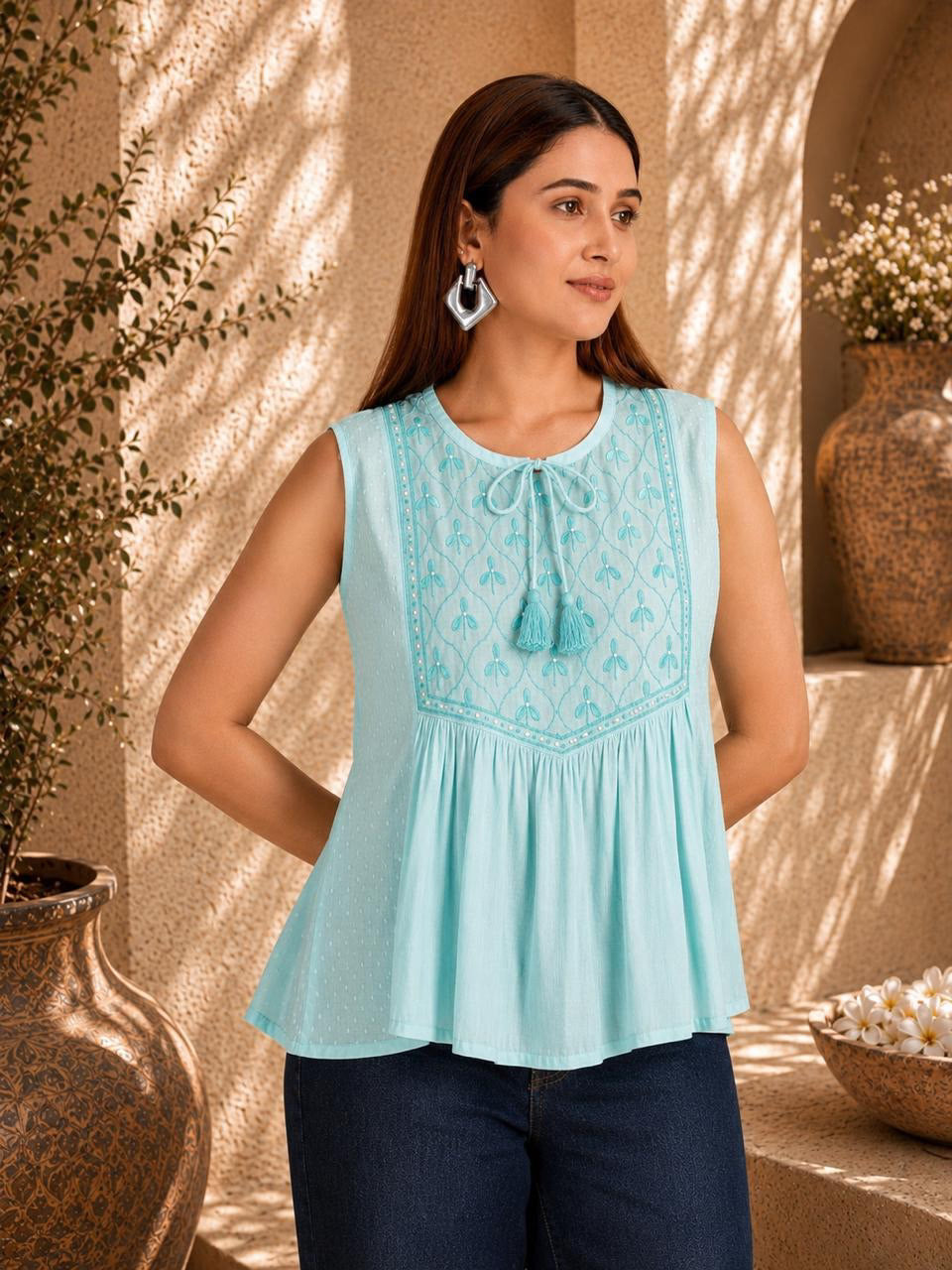 Shwet Women Sky Blue Chikankari Sleevless Yoke Top