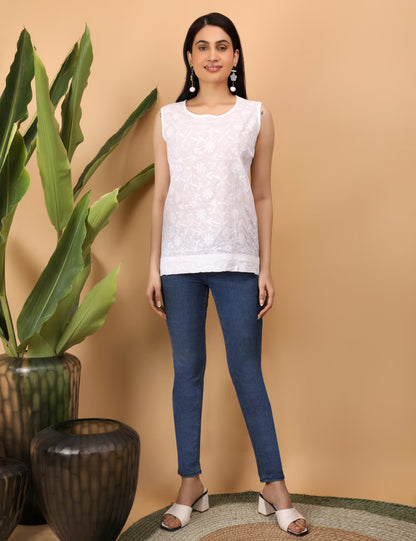 Shwet women white chikankari sleeveless Erika top - Shwet Artistry