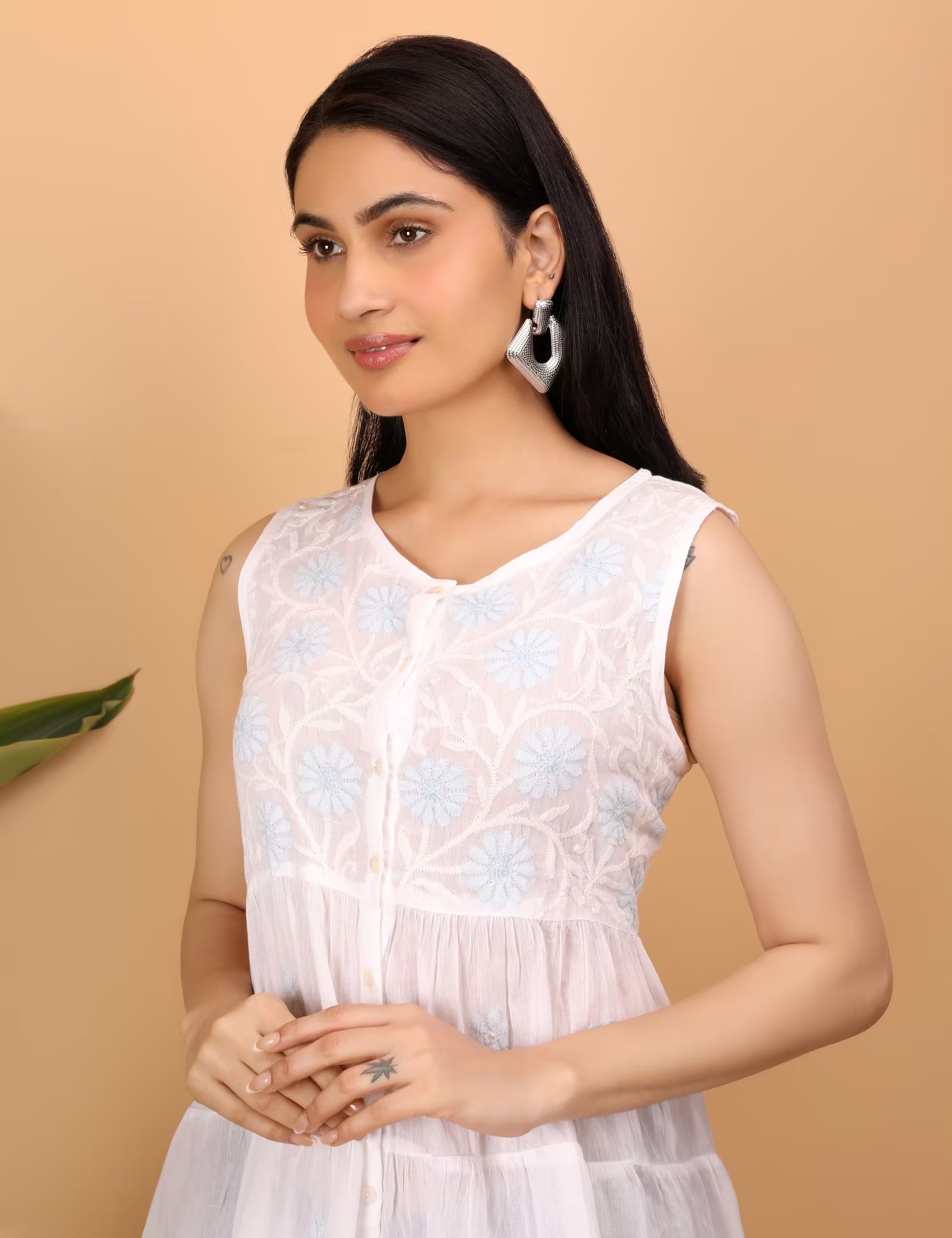 Shwet White Hand Embroidered Chikankari Tier top - Shwet Artistry